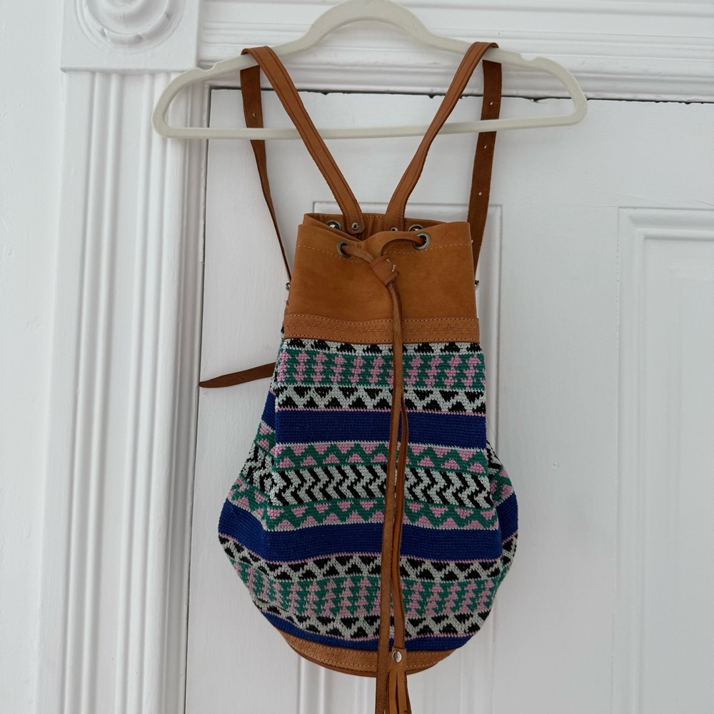 Geometric Patterned Backpack With Leather Trim - image 1